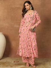 Women Floral Printed Regular Thread Work Kurta with Trousers