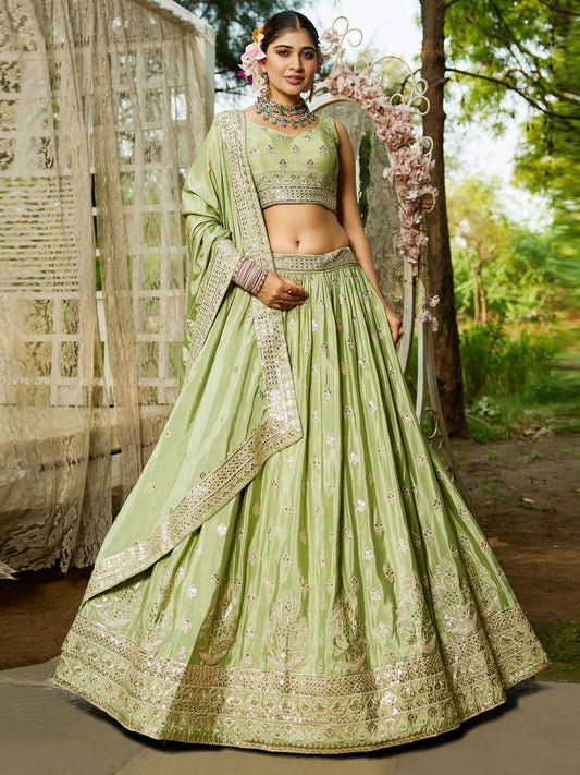 Lime green colour Chiffon Sequinse embroidery Semi-Stitched Lehenga choli and Dupatta