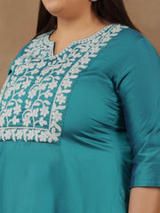 Plus Size Floral Yoke Design Thread Work Straight Kurta With Trouser & Dupatta