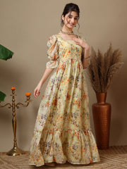 Floral Printed Bell Sleeve Maxi Ethnic Dresses