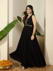 Geometric Yoke Design Sequinned Embroidered Georgette A-Line Ethnic Dress