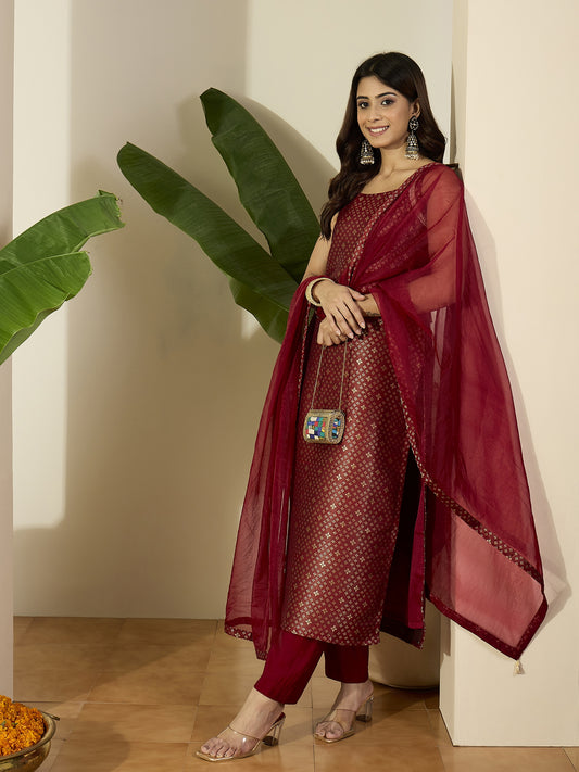 Woven Design Straight Kurta With Trousers & Dupatta
