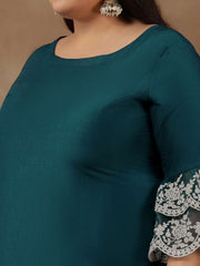 Plus Size Embroidered Thread Work Straight Kurta With Trousers & Dupatta