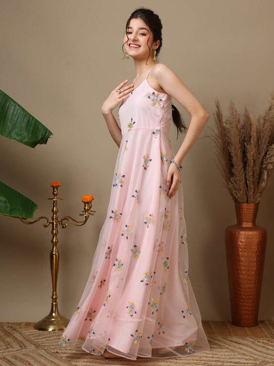 Girls Embroidered V-Neck A-Line Ethnic Dresses