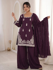 Purple Designer Roman Silk Embroiderd Palazzo Suit