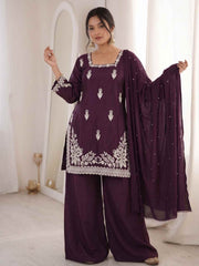 Purple Designer Roman Silk Embroiderd Palazzo Suit