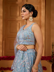 Grey Net Fabric Sequins embroidery Semi-Stitched Lehenga & Unstitched Blouse With Dupatta