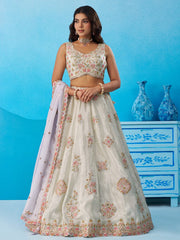 Limegreen Tissue Sequinned and Zari Embroidered Semi Stitched Lehenga and Unstitched Blouse With Dupatta