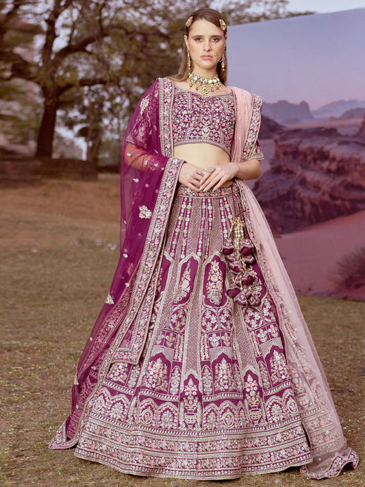 Purple Pure silk Moti, Sequins embroidery Semi-Stitched Bridel Lehenga choli & Dupatta