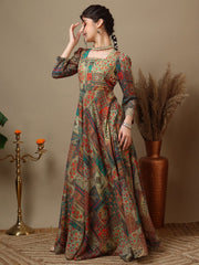 Girls Ethnic Motifs Printed Square Neck Ethnic Dress