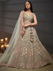 Sea green Net Multi Sequins with heavy Zarkan embroidery Semi-Stitched Lehenga choli & Dupatta