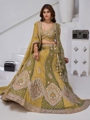 Mustard & Green Double Dupatta Lehenga with Intricate Zari and Resham Work
