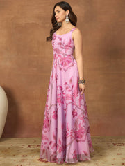 Floral Printed Beds and Stone Work Gown Maxi Dress