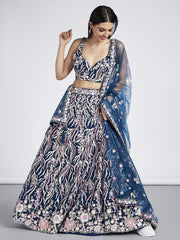 Navy blue Net Sequins and thread embroidery Semi Stitched Lehenga choli and Dupatta
