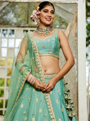 Sea Green colour Chinnon Sequinse embroidery Semi-Stitched Lehenga choli and Dupatta