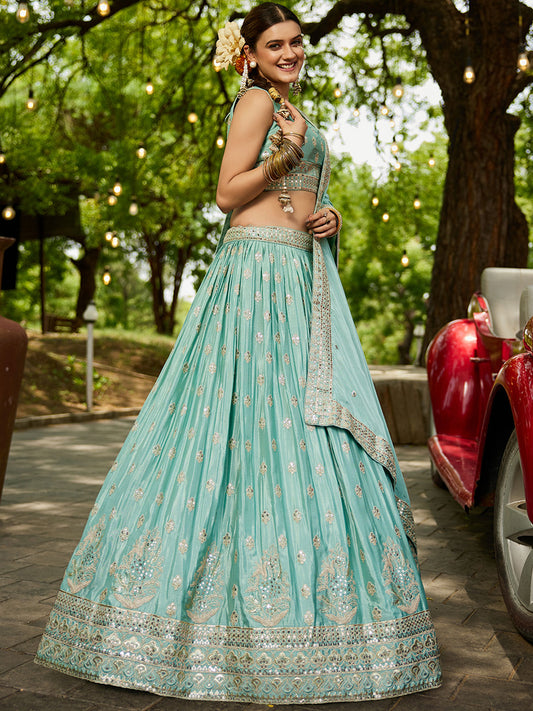 Sea green colour Chiffon Sequinse embroidery Semi-Stitched Lehenga choli and Dupatta