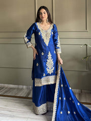 Blue Designer Fendi Silk Embroiderd Palazzo Suit