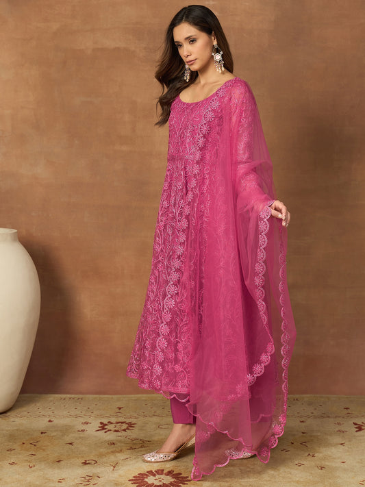 Women Ethnic Motifs Embroidered Panelled Thread Work Kurta with Trousers & With Dupatta