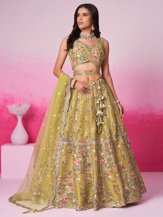 Mustard Bridel Net Moti, Sequins embroidery Semi-Stitched Bridel Lehenga choli and Dupatta