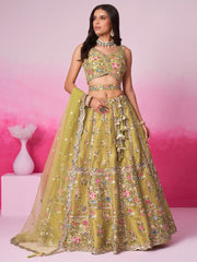 Mustard Bridel Net Moti, Sequins embroidery Semi-Stitched Bridel Lehenga choli and Dupatta