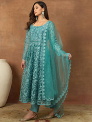 Women Floral Embroidered Tiered Thread Work Kurta with Trousers & With Dupatta