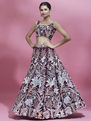 Burgundy Net Sequinse Work Semi-Stitched Lehenga & Unstitched Blouse with Dupatta