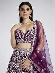 Burgundy Net Sequins and thread embroidery Semi Stitched Lehenga choli and Dupatta