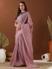 Pink And Lavender Floral Printed Zari Organza Saree
