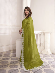 Green And White Embroidered Organza Saree