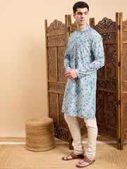 Blue Ethnic Motifs Printed Mandarin Collar Straight Kurta