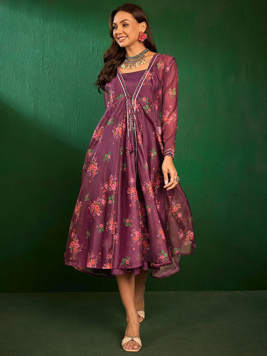 Purple Fit & Flare Ethnic Dress With Jacket