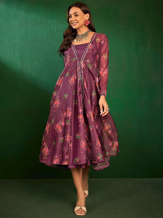 Purple Fit & Flare Ethnic Dress With Jacket