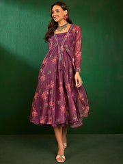 Purple Fit & Flare Ethnic Dress With Jacket