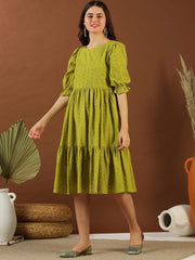 Green Chikankari Embroidered Cotton Midi Ethnic Dress