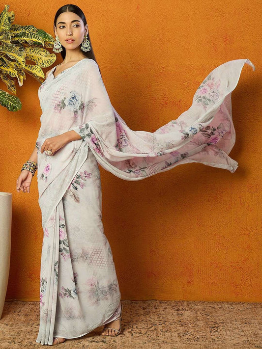 Off White Floral Embellished Poly Georgette Saree
