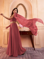 Peach Sleeveless Maxi Ethnic Dress With Embellished Belt