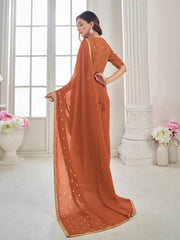 Rust Ethnic Motifs Sequinned Poly Georgette Saree