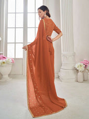 Rust Ethnic Motifs Sequinned Poly Georgette Saree