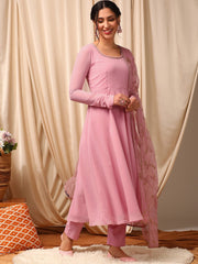 Women Pink Floral Layered Sequinned Kurta with Trousers & With Dupatta