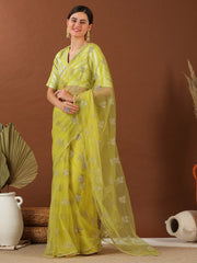Yellow Floral Embroidered Net Saree