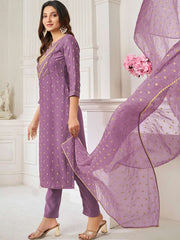 Women Mauve Ethnic Motifs Embroidered Regular Sequinned Chanderi Cotton Kurta with Trousers & With Dupatta