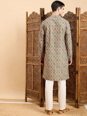 Green Floral Printed Mandarin Collar Zari Cotton A-Line Kurta