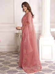 Pink Embellished Sequinned Organza Saree