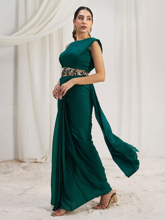 Awesome Teal Green Organza Silk Ready To Wear Saree With Blouse