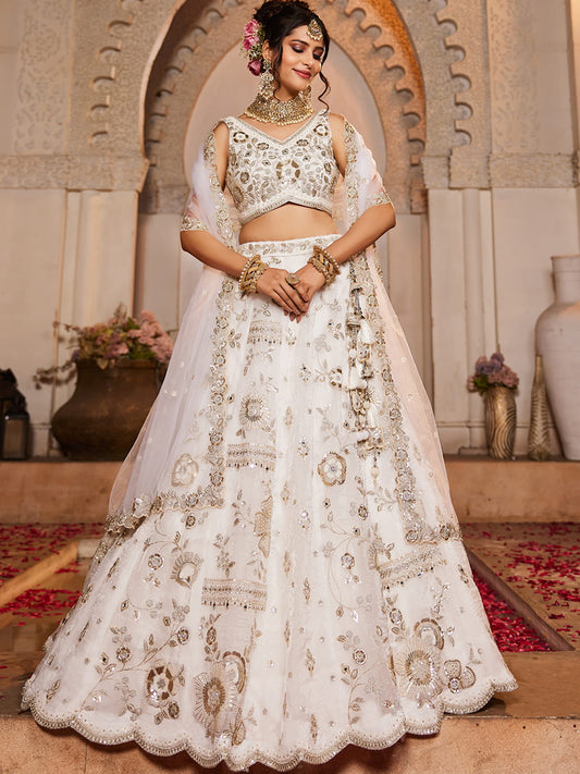Off White Tissue Fabric Sequins embroidery Semi-Stitched Lehenga choli and Dupatta