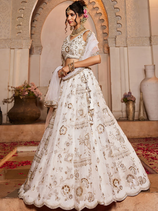 Off White Tissue Fabric Sequins embroidery Semi-Stitched Lehenga choli and Dupatta
