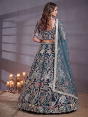 Amazing Teal Blue Embroidered Net Wedding Wear Lehenga Choli With Dupatta