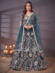 Amazing Teal Blue Embroidered Net Wedding Wear Lehenga Choli With Dupatta
