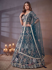 Amazing Teal Blue Embroidered Net Wedding Wear Lehenga Choli With Dupatta