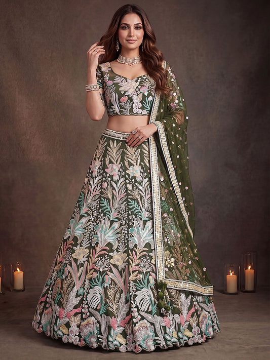 Adorable Green Sequins Net Receptions Wear Lehenga Choli With Dupatta